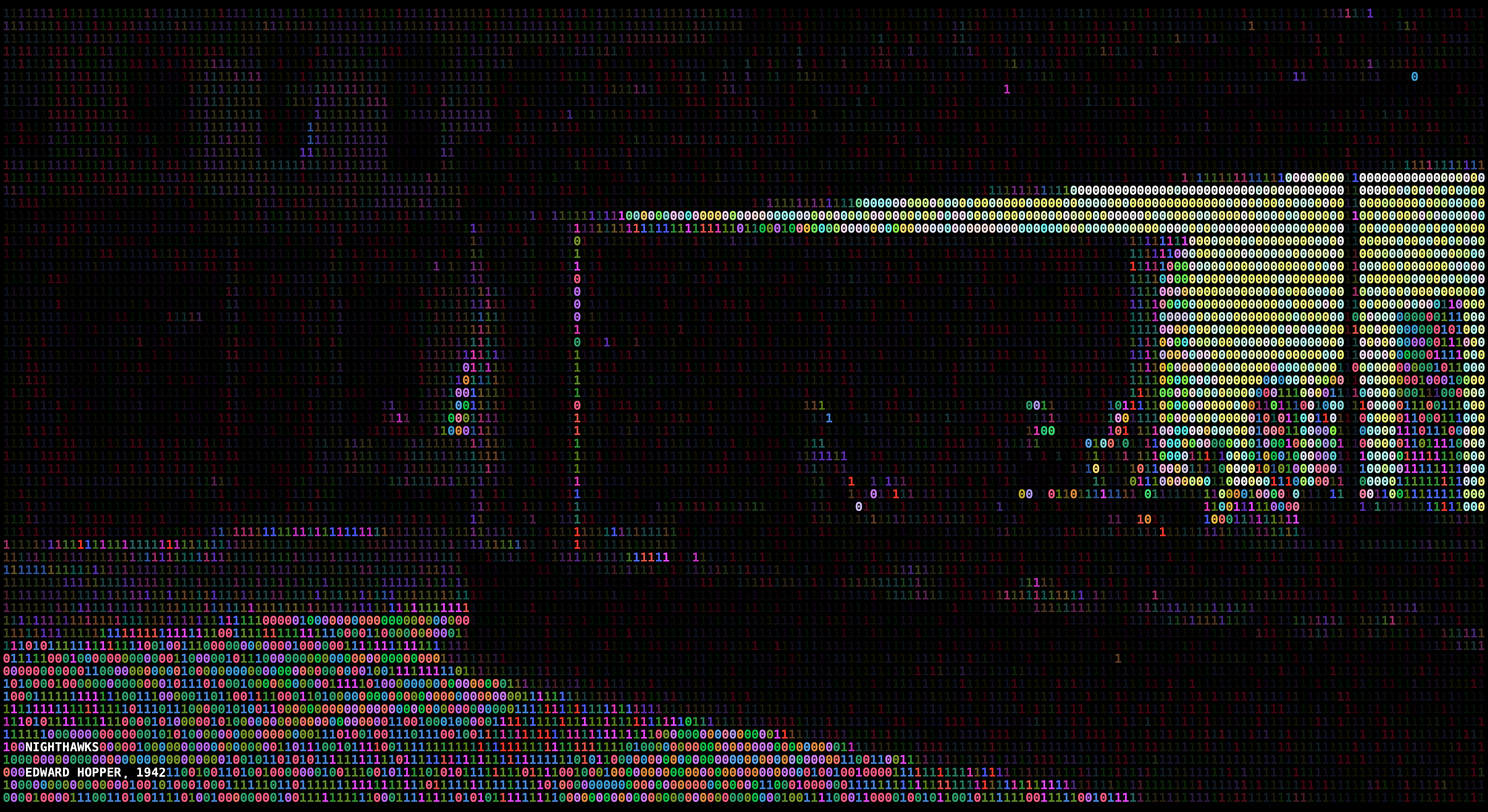 A binary ASCII reinterpretation of Edward Hopper’s Nighthawks: four figures in a brightly lit corner diner, surrounded by a dark city street.